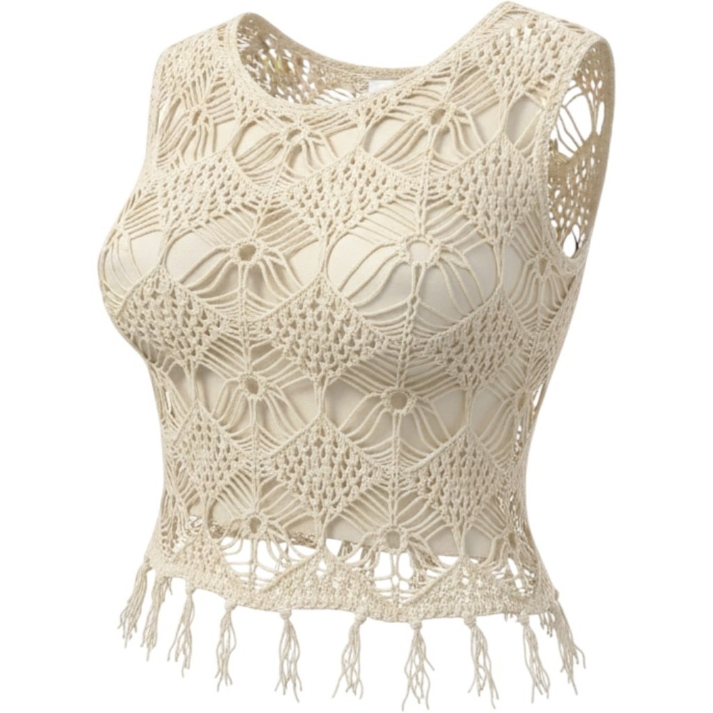 Vintage Y2K Mudd Women's M Ivory Crochet Fringe Boho Hippie Festival Top